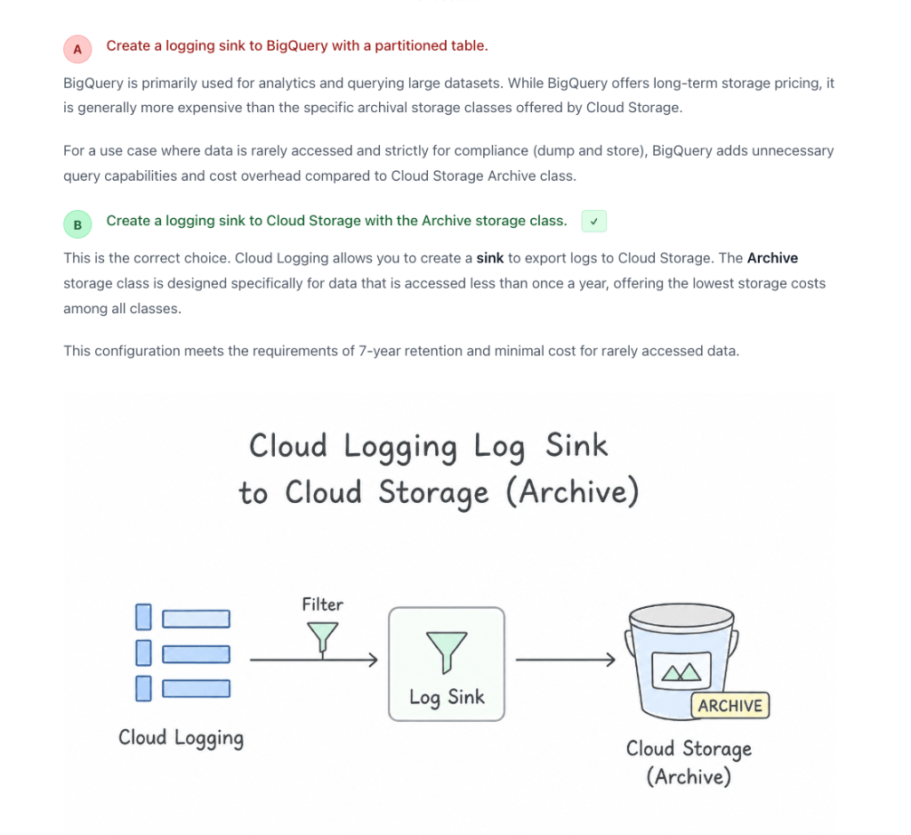 AwesomeGCP Detailed Explanation of Options showing why BigQuery fails and Cloud Storage Archive class succeeds with an explanatory architectural diagram
