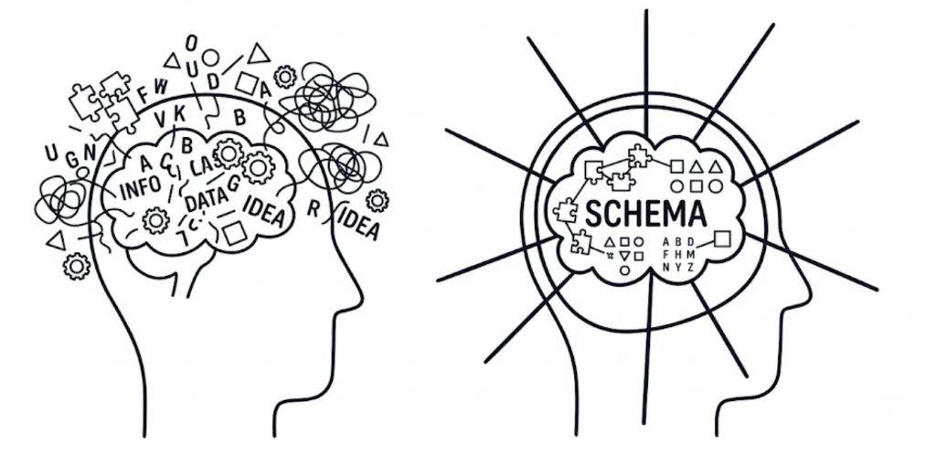 Mental models and cognitive schemas organizing fragmented information into structured, connected knowledge