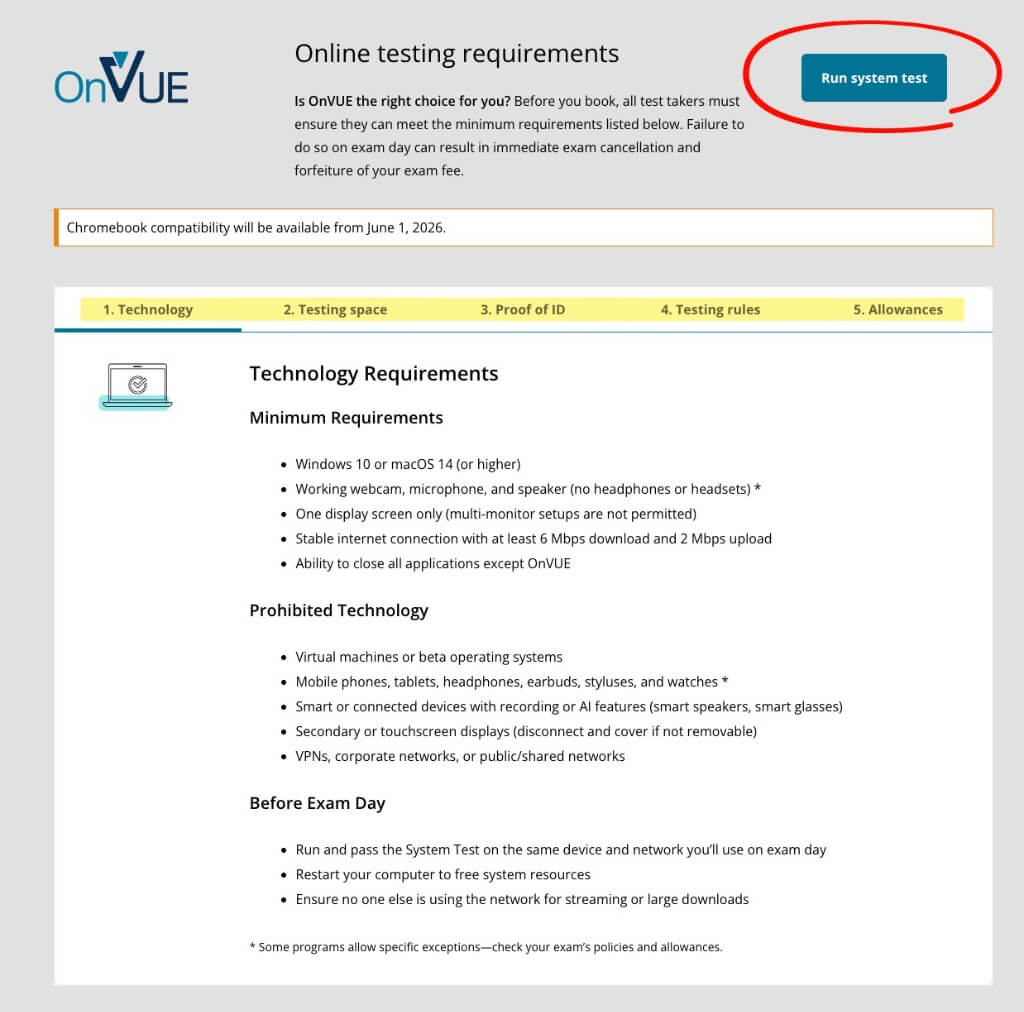 Pearson VUE OnVUE Online Testing Requirements and Run System Test Button