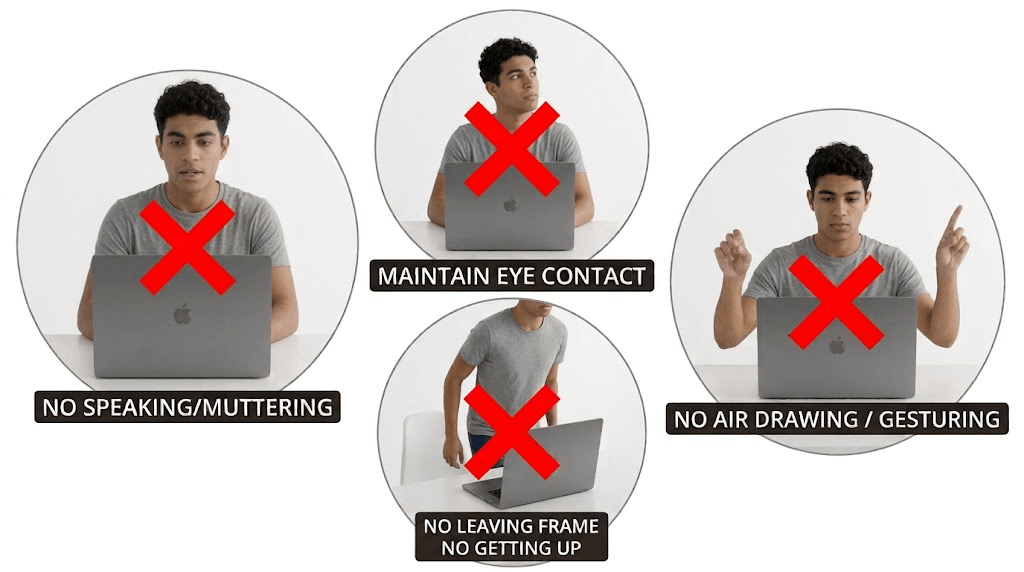 Strict OnVUE In-Exam Rules - No speaking or muttering, maintain eye contact, no leaving frame or getting up, no air drawing or gesturing