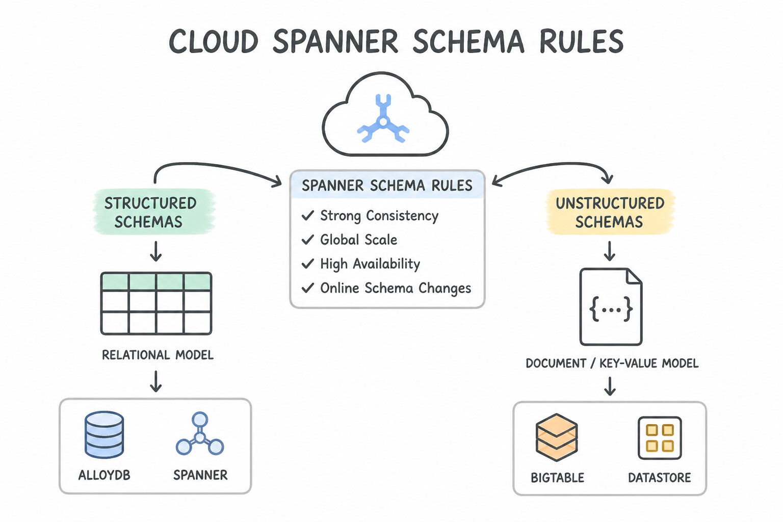 Designing appropriate schemas for structured databases (e.g., AlloyDB, Spanner) and unstructured databases (e.