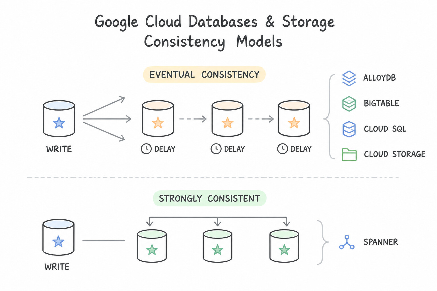 Understanding the implications of eventual and strongly consistent replication of AlloyDB, Bigtable, Cloud SQL