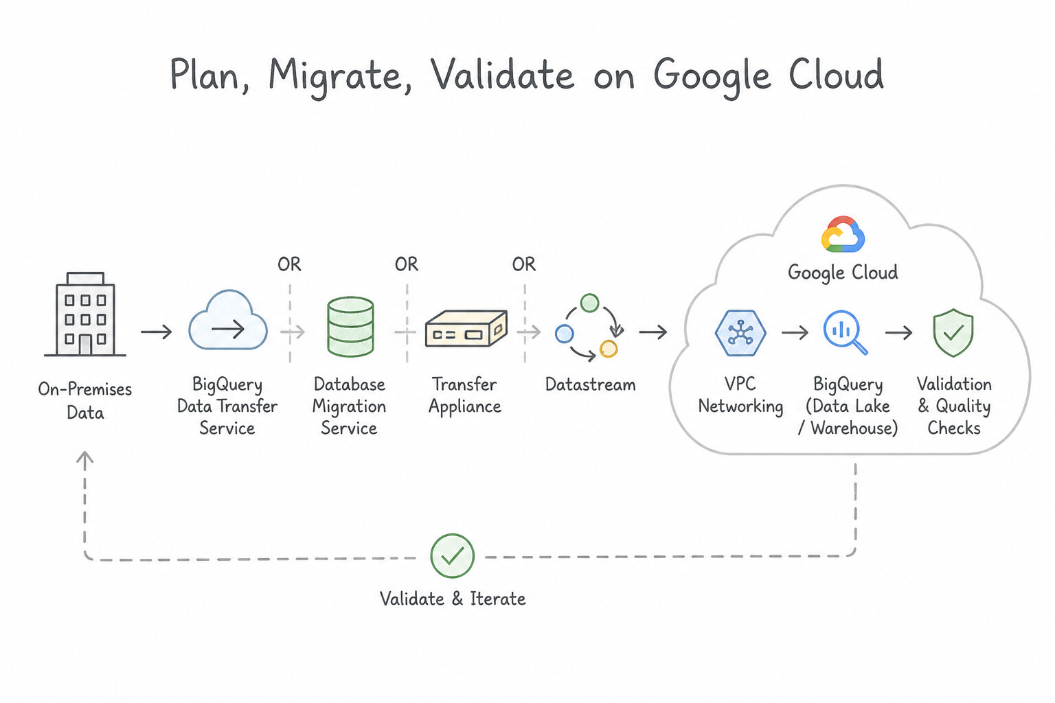 Planning migration and validation to Google Cloud (e.g., BigQuery Data Transfer Service, Database Migration Se