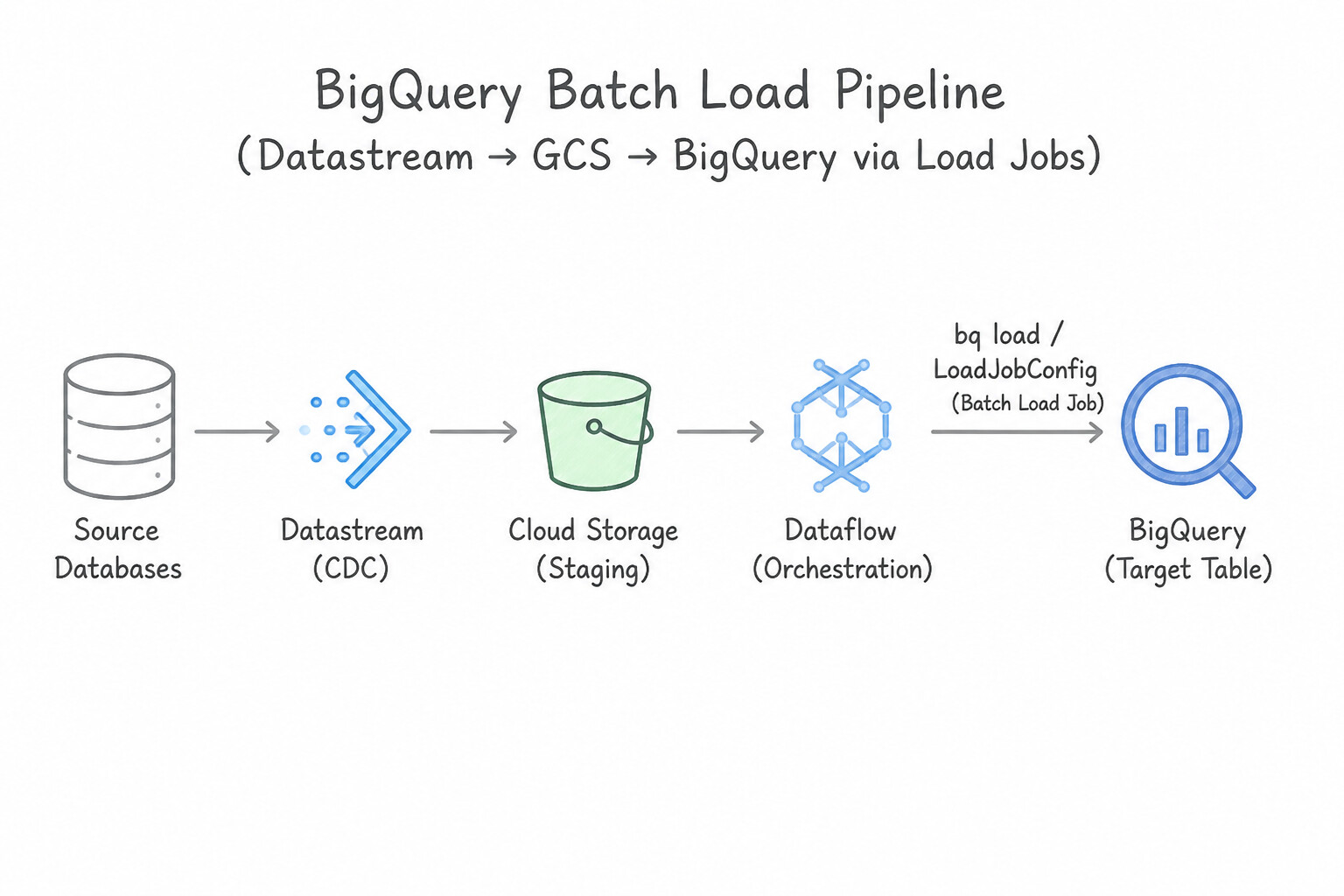 Data acquisition and import — BigQuery Batch Load Jobs (bq load / LoadJobConfig from GCS)