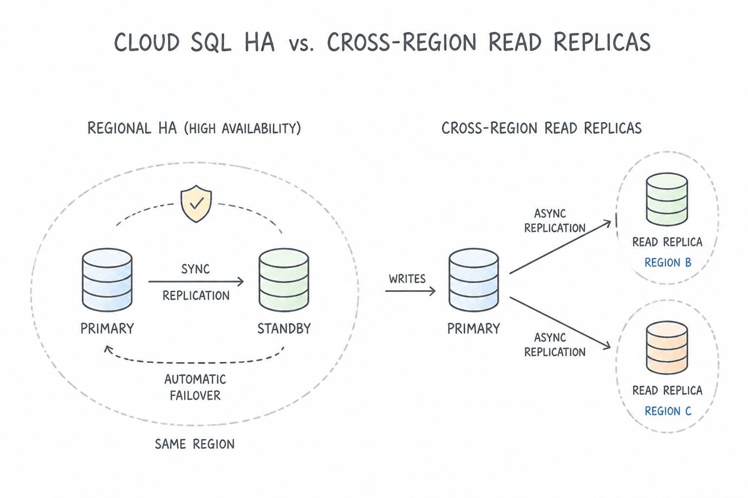 Data replication and failover (e.g., Cloud SQL, Redis clusters) — Cloud SQL High Availability (Regional HA) vs